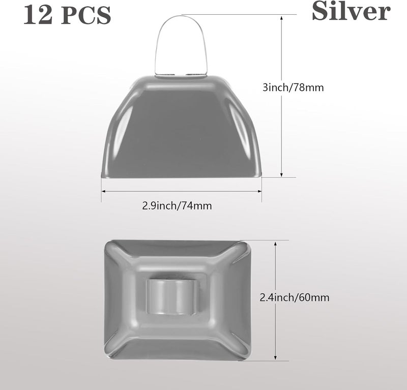 HEYLEAYAR 3Inch Cowbells for Sporting Events,12Pcs Metal Cow Bells Bulk Loud Noise Makers Cow Bell with Handle for Cheering Football Games Spirit Marathon Weddings Party Noisemakers, Silver - Image 2